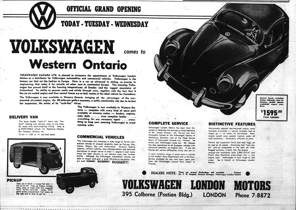 This vintage advertisement announces the grand opening of Volkswagen Landon Motors in Western Ontario, showcasing various Volkswagen models available in the region. The ad highlights the classic Volkswagen Beetle (listed as "Custom Coach"), a Delivery Van, and a Pickup truck.