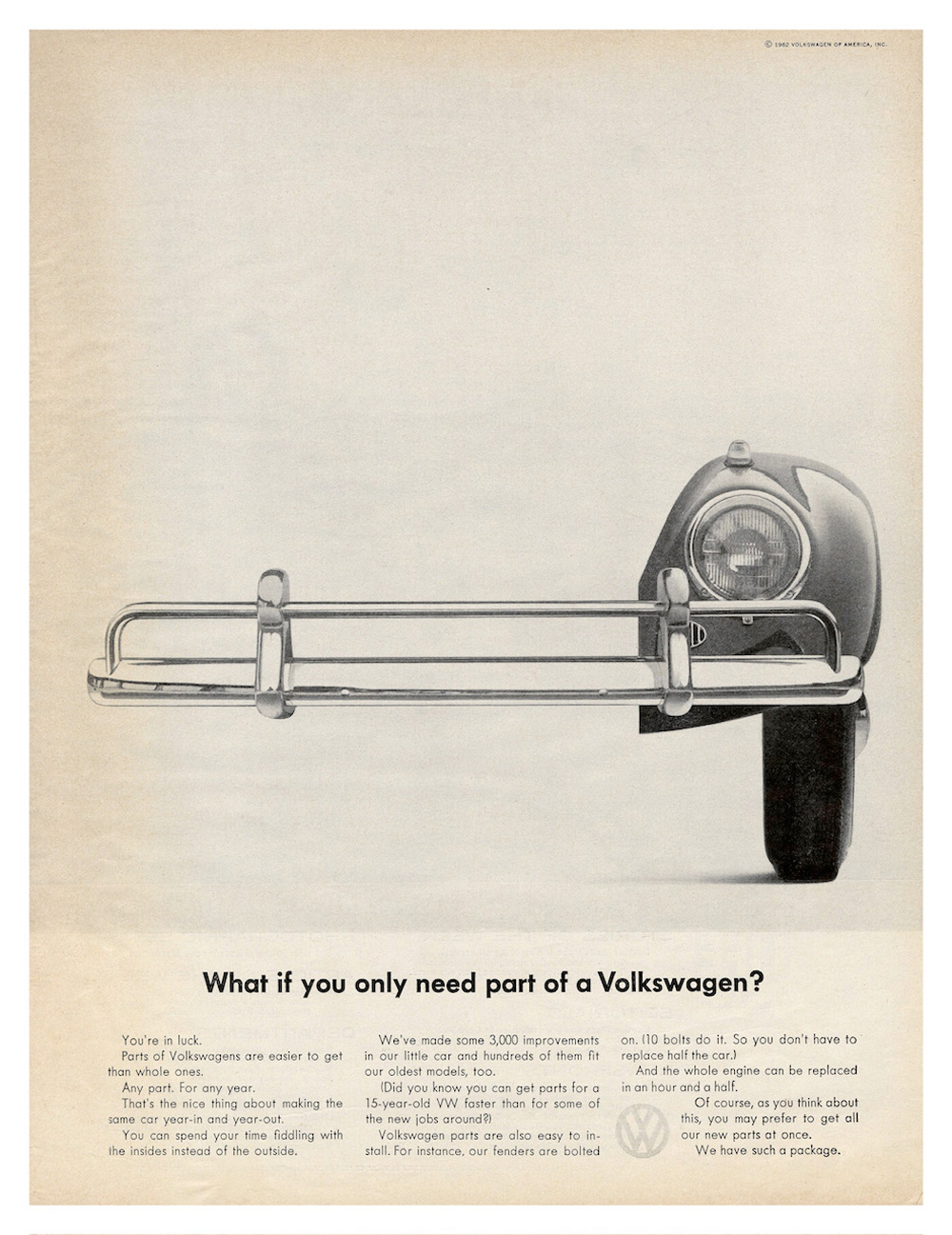 A vintage 1962 magazine advertisement for Volkswagen, featuring minimalist design to highlight the simplicity and availability of replacement parts. The ad emphasizes that parts for Volkswagen vehicles, including older models, are readily available.