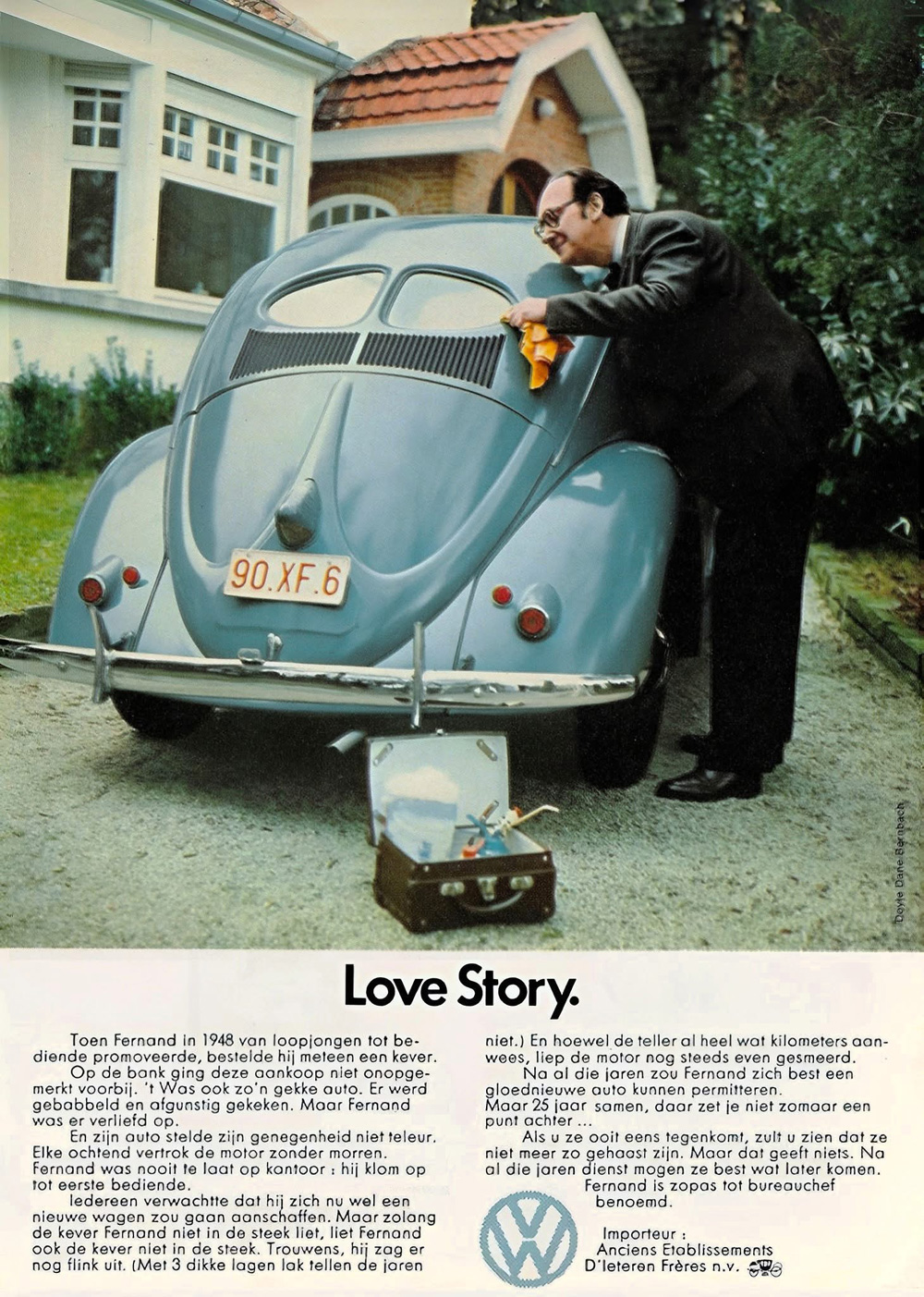 This vintage advertisement features a heartwarming "Love Story" about a man named Fernand and his faithful 1948 Volkswagen Beetle, showcasing the car's enduring reliability and sentimental value over 25 years. The ad highlights Fernand's career progression from errand boy to bureau chief alongside his trusty vehicle, emphasizing the car's longevity with minimal maintenance. 