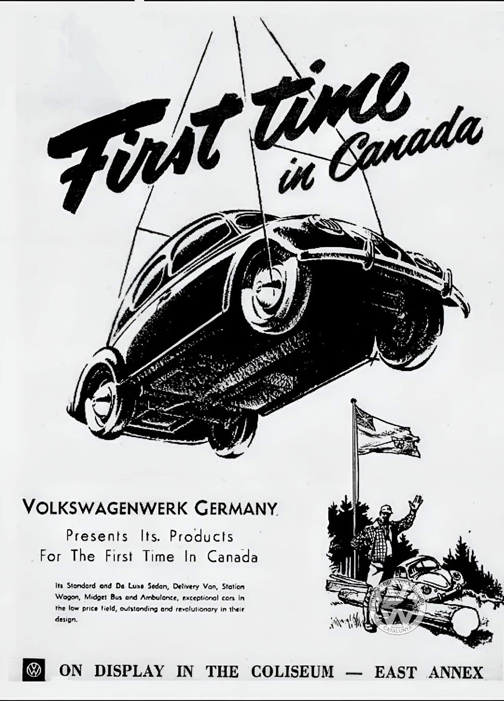 A vintage advertisement for the introduction of Volkswagen vehicles in Canada, showcasing the iconic Beetle. These vehicles were first exported to Canada in 1952, marking their introduction to the Canadian market.