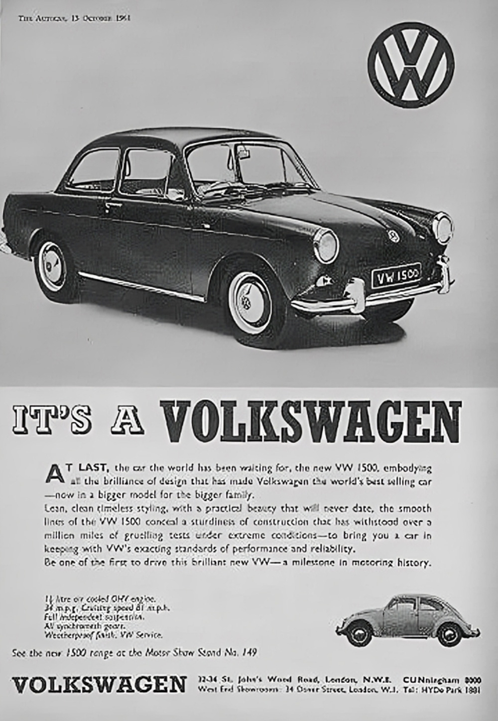 A vintage advertisement for the Volkswagen Type 3, specifically the 1500 Notchback model, published in October 1961