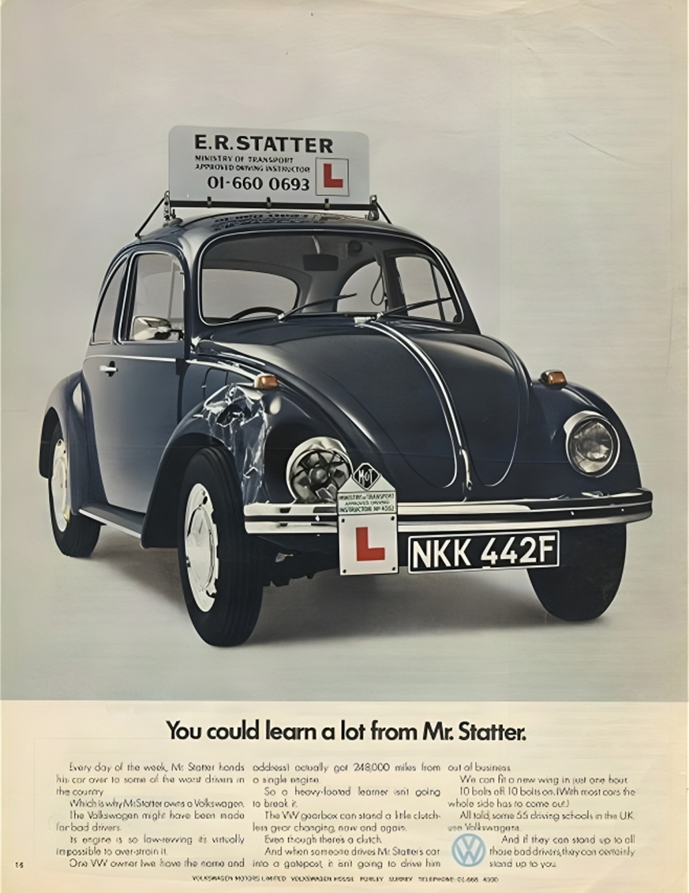 a vintage advertisement featuring a damaged Volkswagen Beetle used by a driving instructor named Mr. Statter. The text highlights the durability and easy repairability of the vehicle, suggesting it is ideal for learners. 