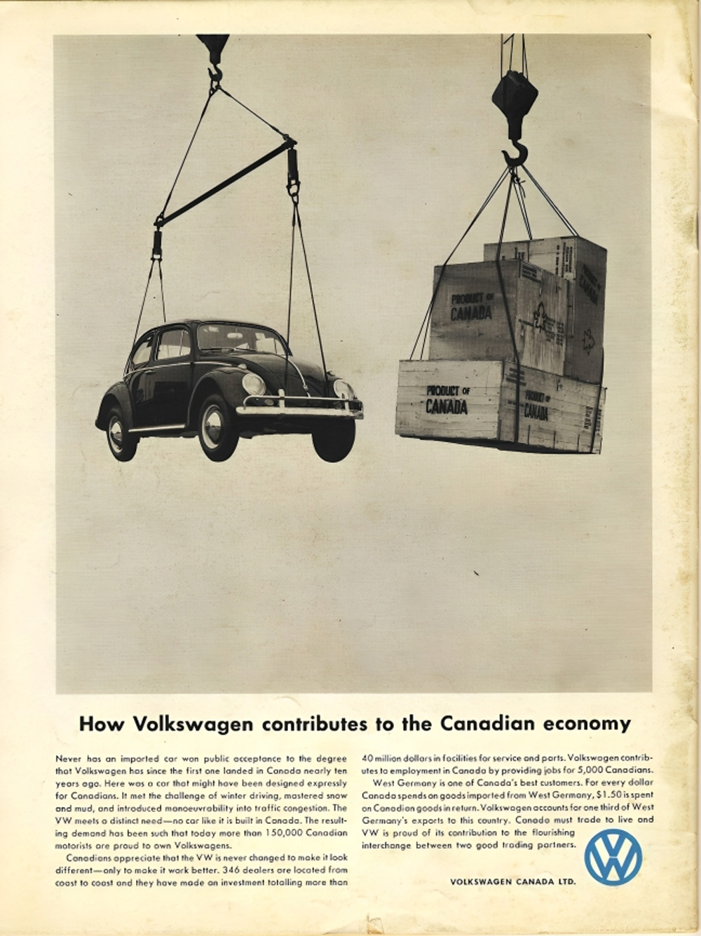 This vintage advertisement highlighting the economic impact of Volkswagen in Canada, showcasing the import of the iconic Volkswagen Beetle. The advertisement notes that for every dollar Canada spends on German imports, $1.50 is spent on Canadian goods in return.