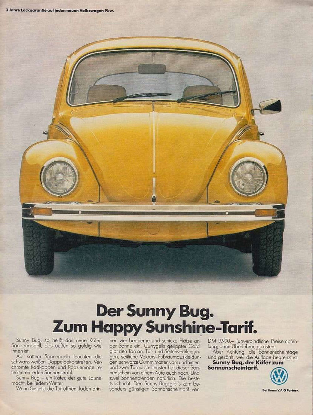 A vintage German magazine advertisement for the Volkswagen "Sunny Bug" special edition Beetle. The ad highlights the car's distinctive sunny yellow color and black-and-white decorative stripes.