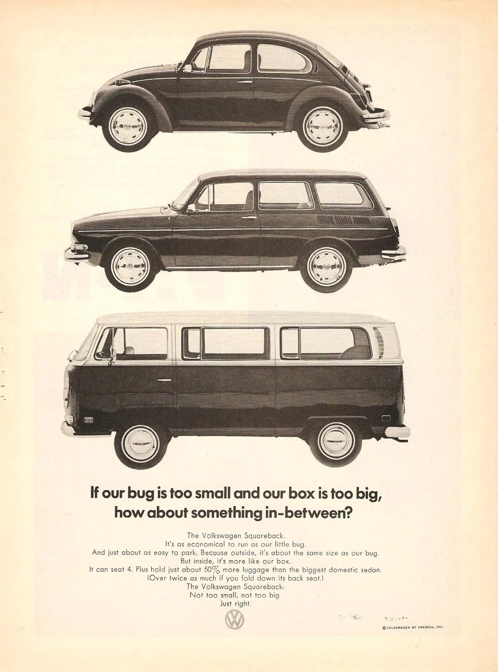 This vintage advertisement features three iconic Volkswagen vehicles: the Beetle, the Squareback, and the Transporter bus.