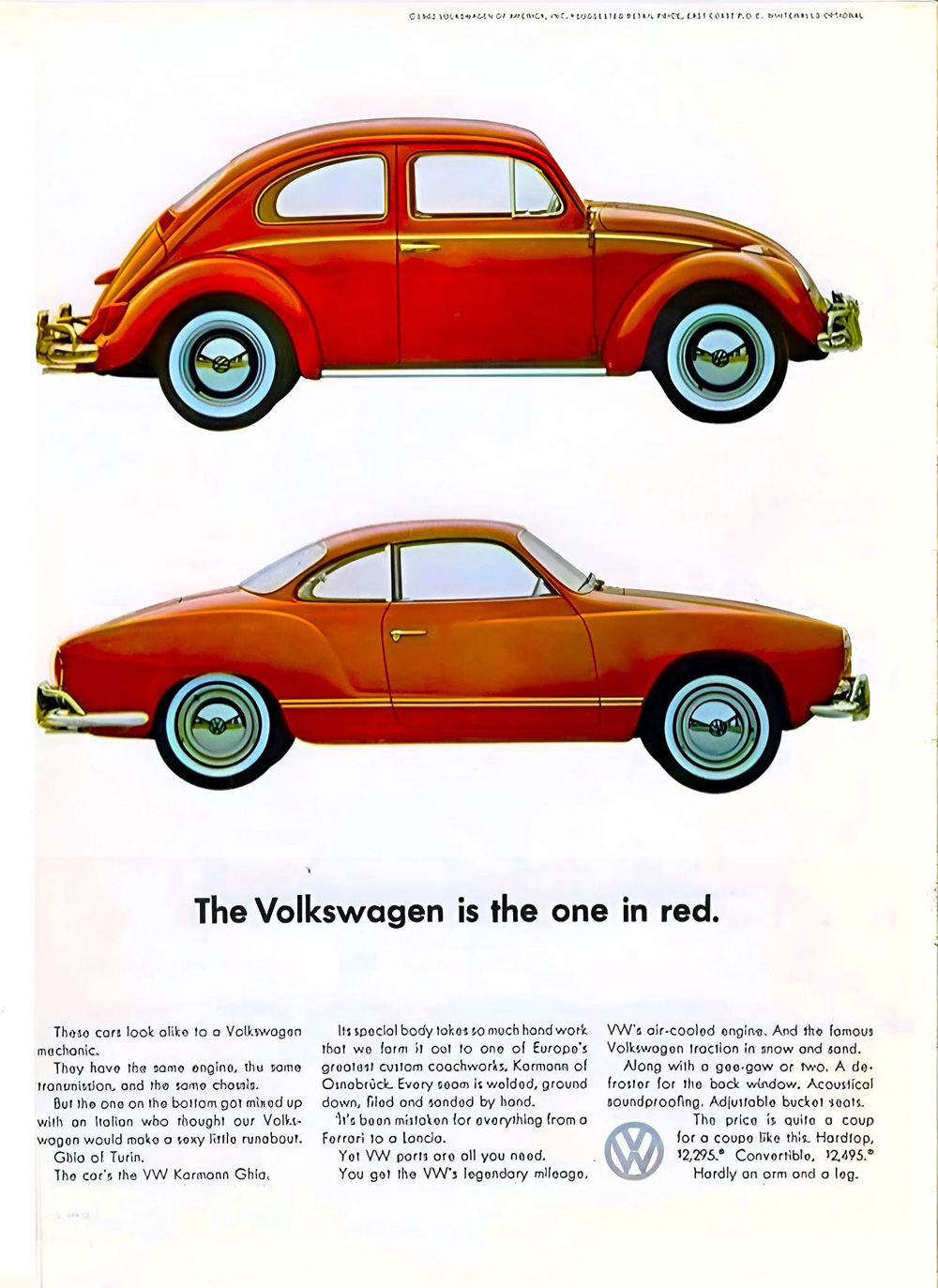 a vintage advertisement showcasing two Volkswagen models that share mechanical components despite their different appearances.
