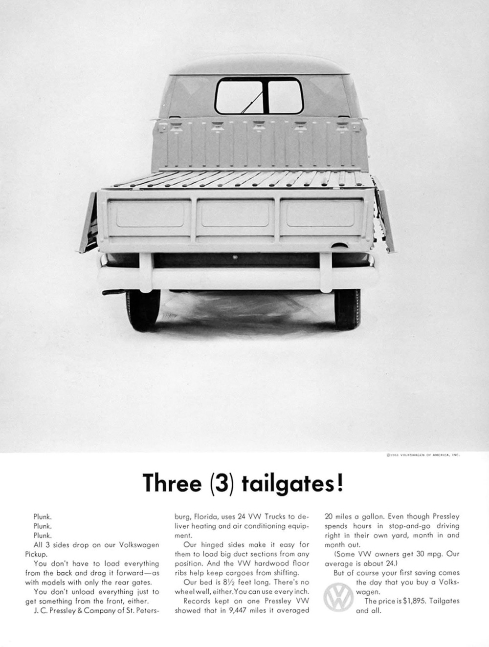 Vintage Volkswagen Pickup truck advertisement highlighting its drop-side bed