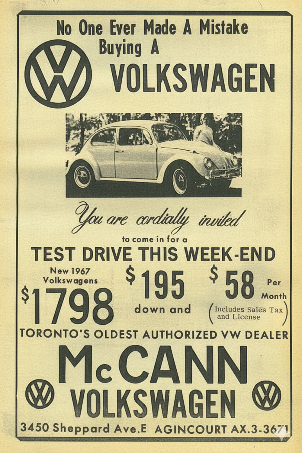 1967 Volkswagen Beetle promotional advertisement from a Toronto VW dealer