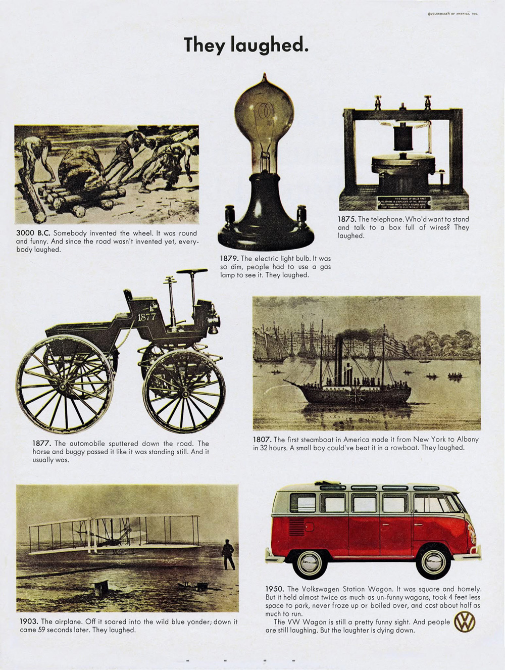 Vintage Volkswagen Station Wagon advertisement comparing early inventions that were once mocked
