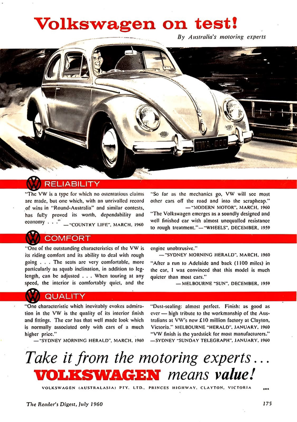 Vintage Volkswagen Beetle advertisement featuring expert reviews from Australian motoring publications