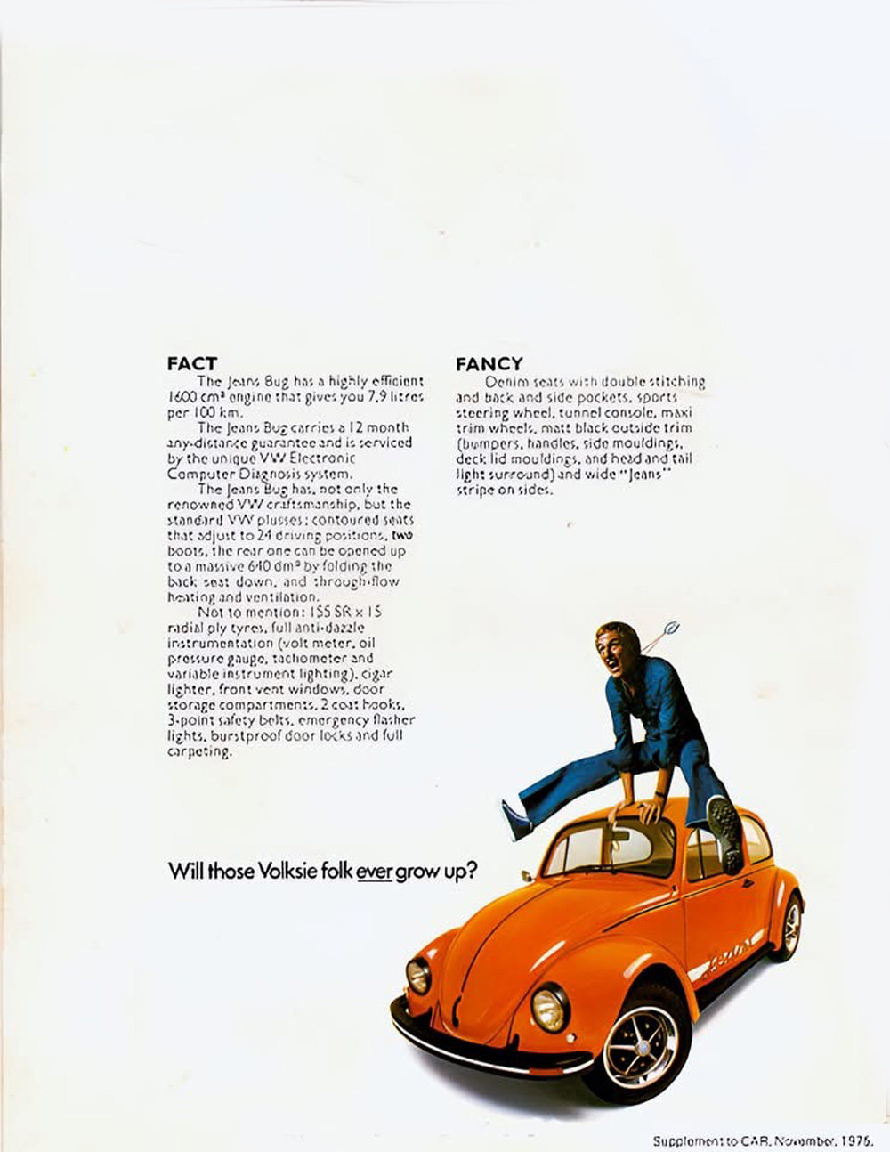 Vintage Volkswagen Jeans Bug advertisement featuring an orange Beetle with denim-themed styling