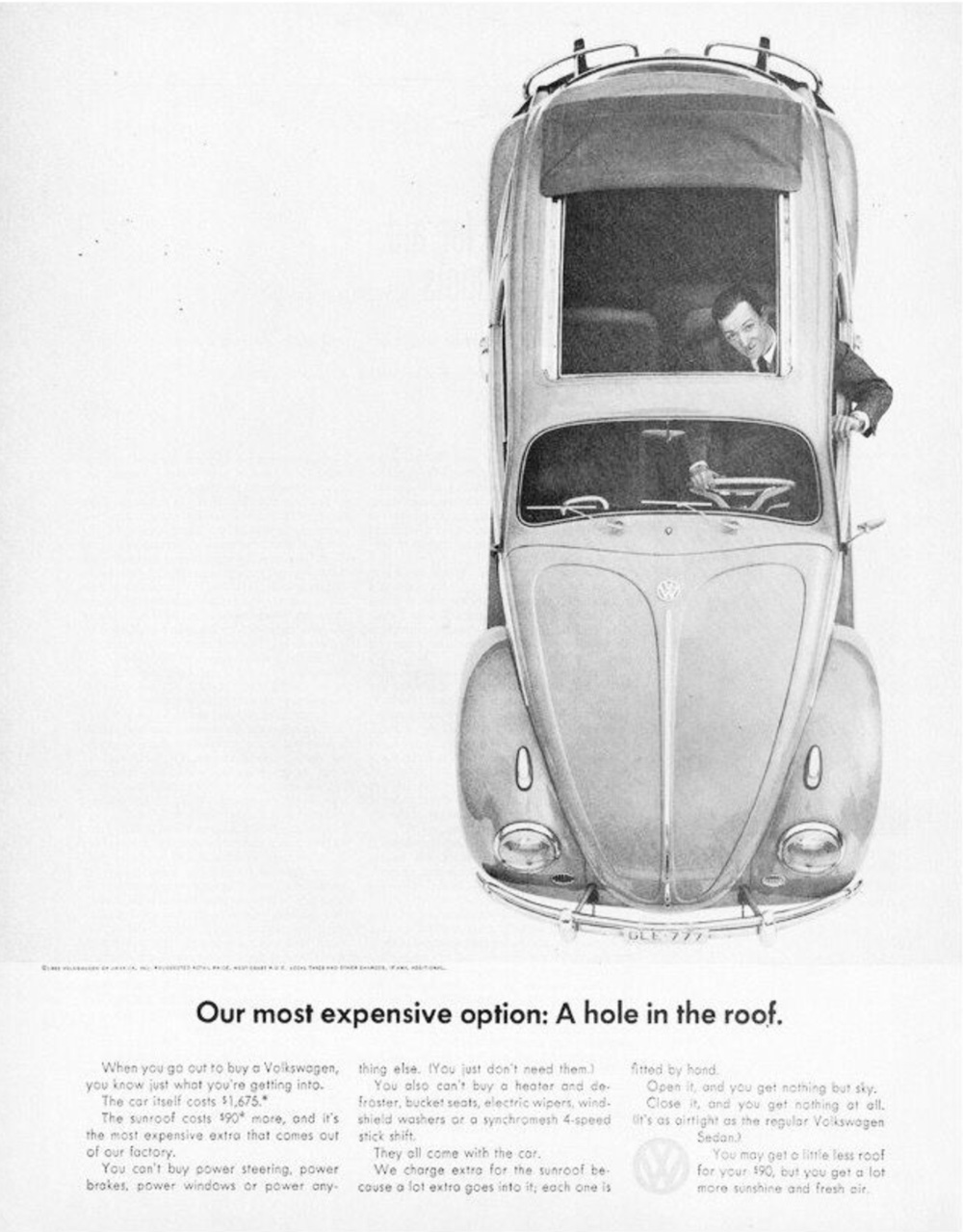 Vintage VW Beetle ad showing the cars sunroof as its featured option