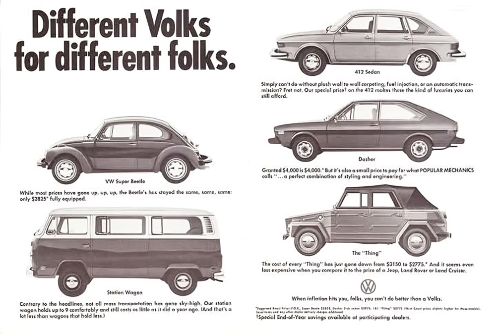 Vintage Volkswagen advertisement showing multiple VW models for different types of drivers
