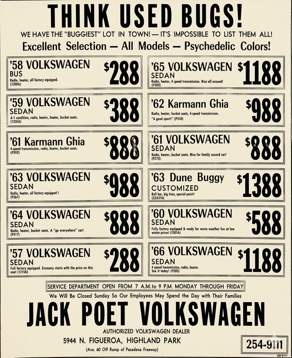 Vintage Volkswagen dealership advertisement promoting used Beetles, Buses, Ghias, and dune buggies
