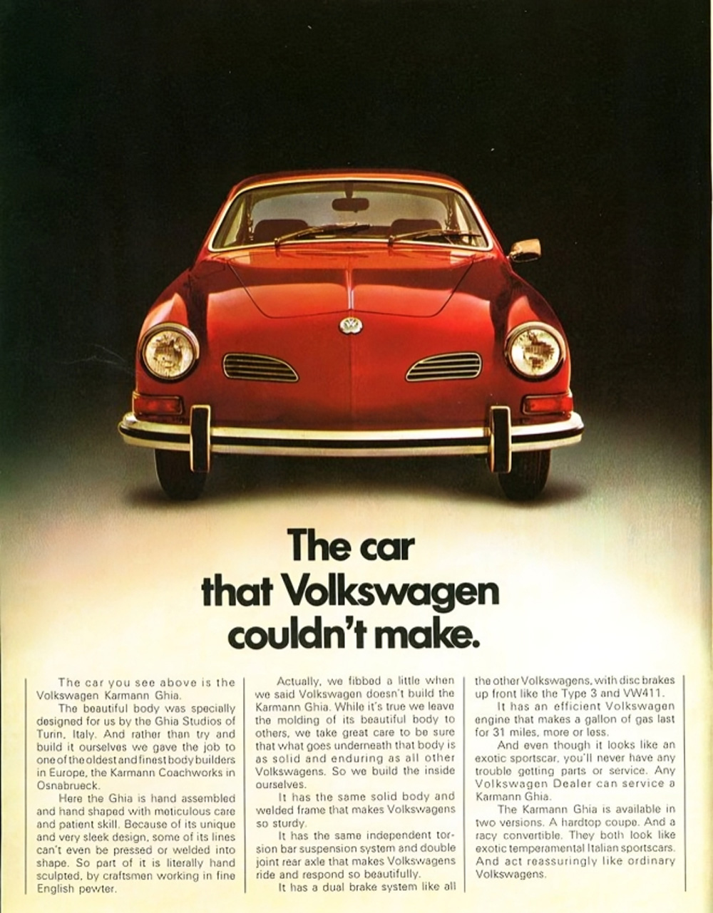 Vintage Volkswagen Karmann Ghia advertisement featuring a red Ghia with promotional text about its Italian design and German engineering