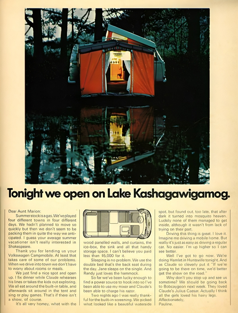 Vintage Volkswagen Campmobile ad showing a lakeside campsite at dusk with glowing tent extension and interior layout diagram