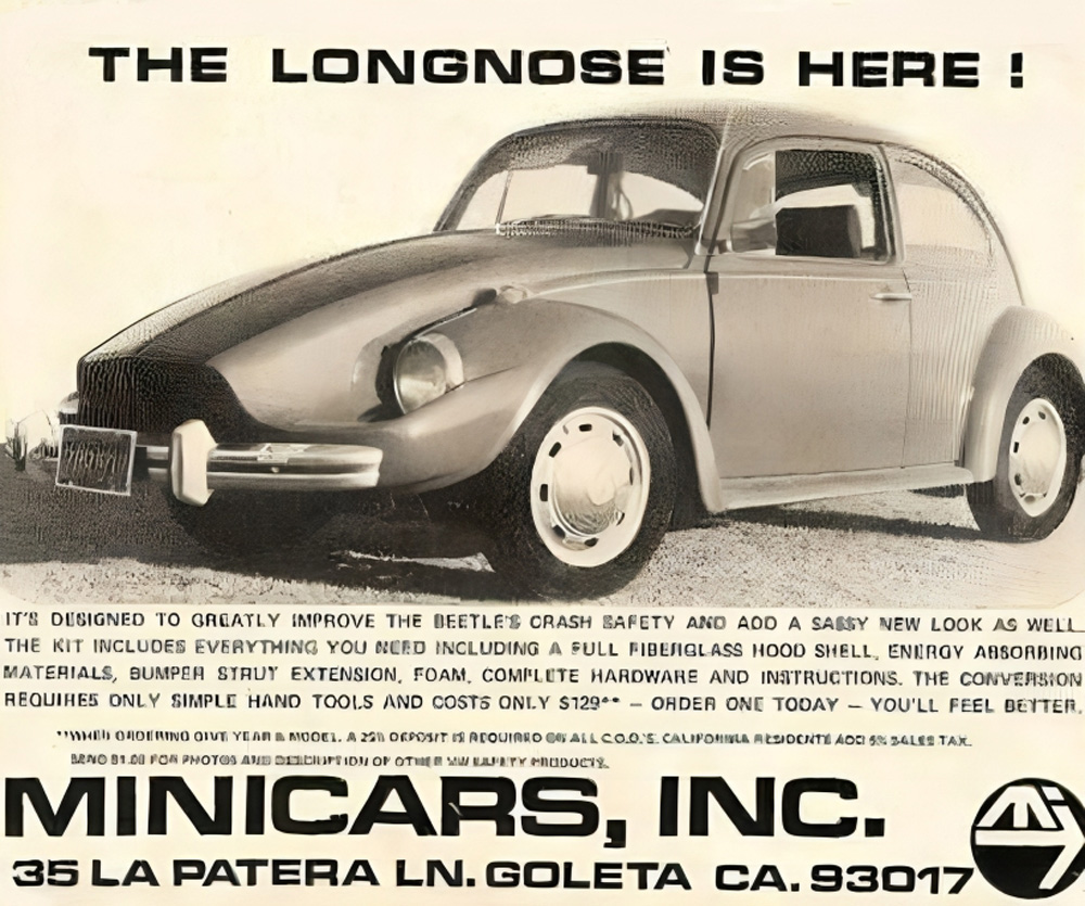 Vintage Longnose Volkswagen Beetle ad showing extended front end and details about the Minicars conversion kit