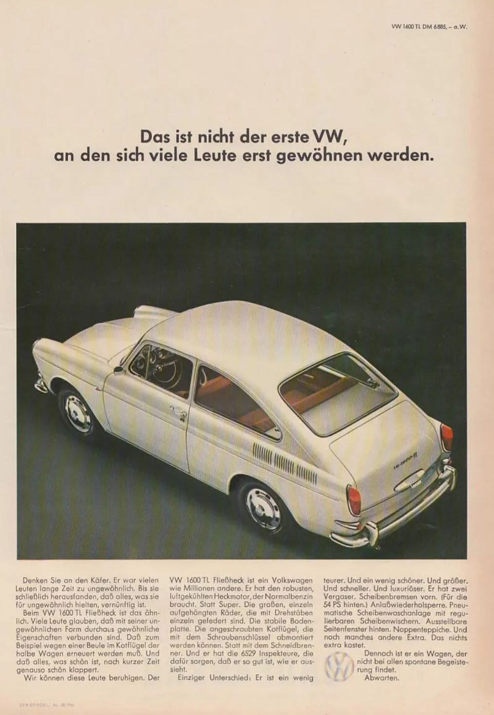 Vintage Volkswagen 1600 TL Fastback ad with rear-side photo and German headline describing its updated design