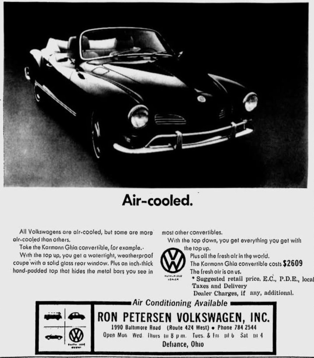 Vintage Volkswagen Karmann Ghia convertible ad with front-left photo and air-cooled engineering details