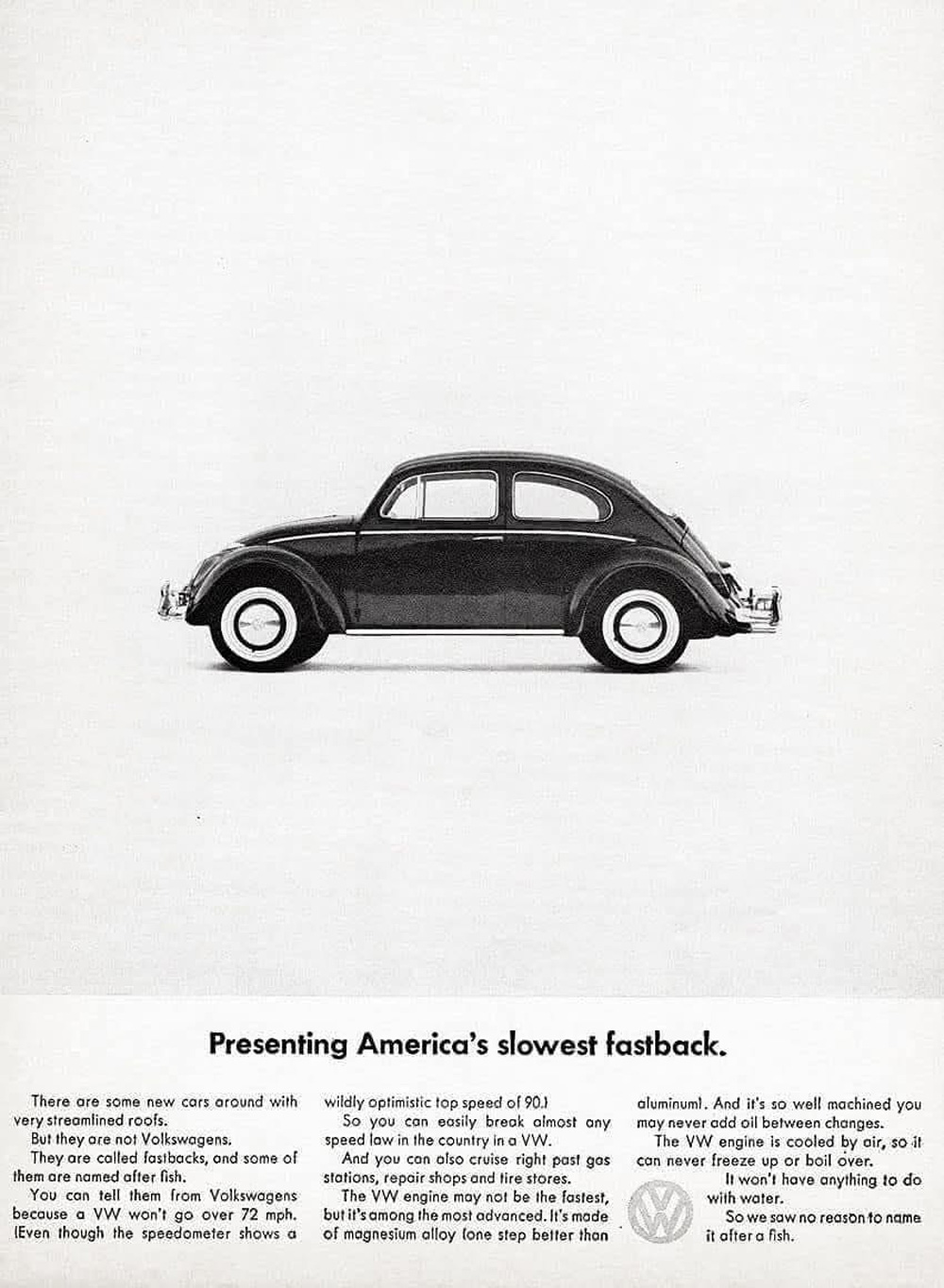 Vintage Volkswagen Beetle ad with side-view photo and humorous headline Presenting Americas slowest fastback