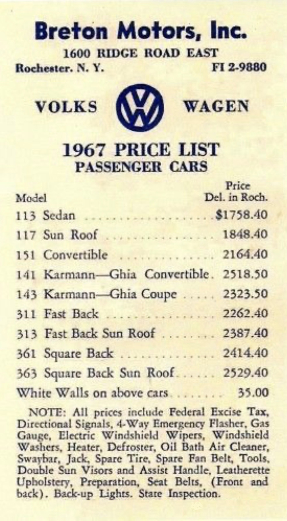 1967 Volkswagen passenger car price list from Breton Motors showing model names and delivered prices