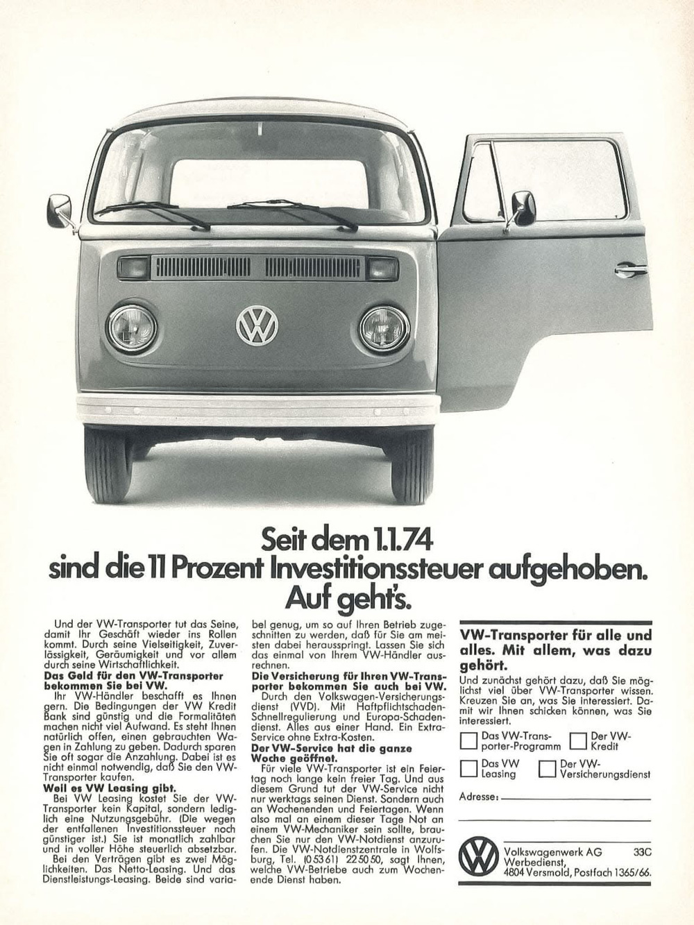 Vintage VW Transporter advertisement showing a front view of the van with German promotional text
