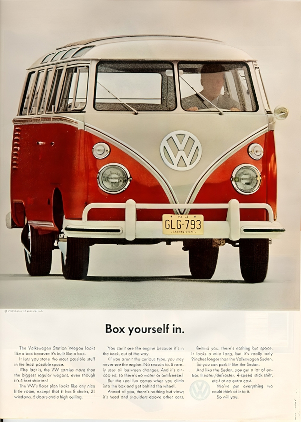Vintage VW Station Wagon ad showing a red and white Microbus with split windshield and promotional text