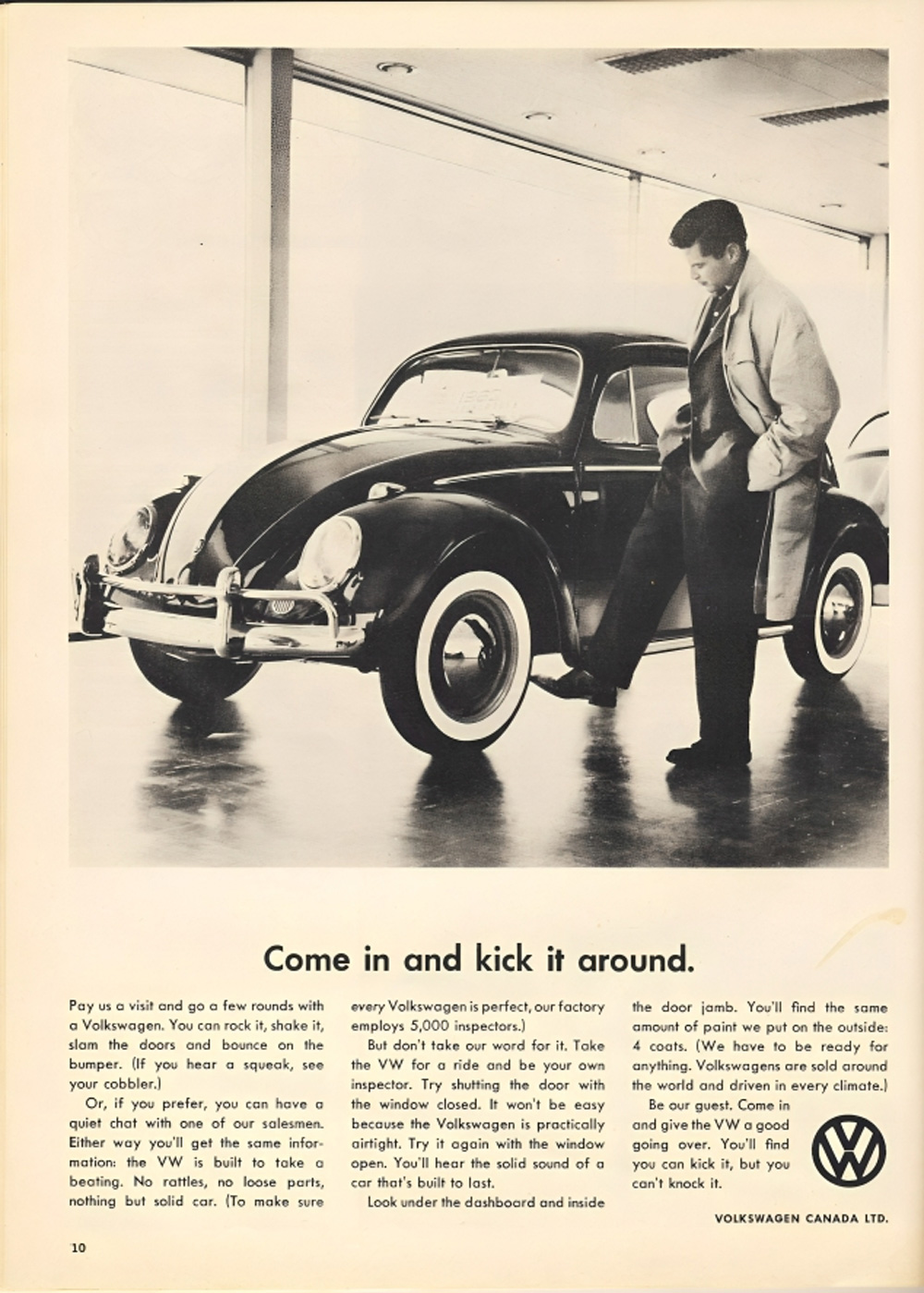 Vintage Volkswagen Canada ad showing a man inspecting a black Beetle in a showroom