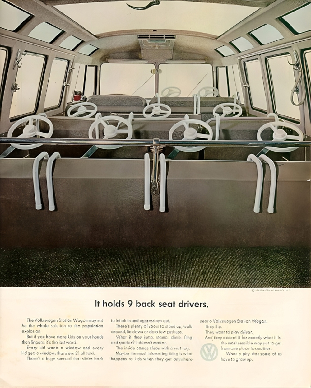 Vintage VW Station Wagon ad showing nine steering wheels inside the bus in a playful family themed layout