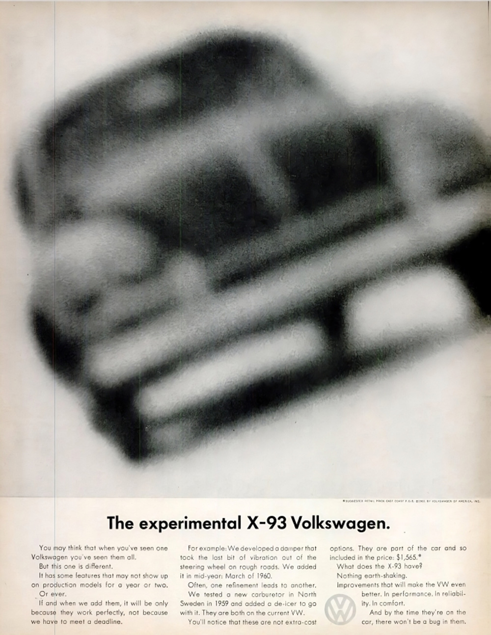 Vintage VW ad showing the experimental X-93 model with text about testing and future refinements