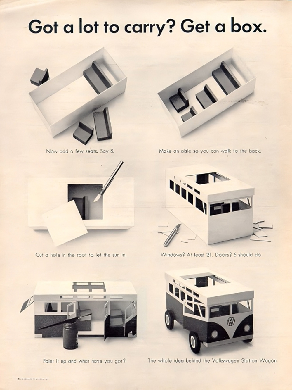 Vintage VW Station Wagon ad showing a box transformed step by step into a VW bus to highlight space and practicality
