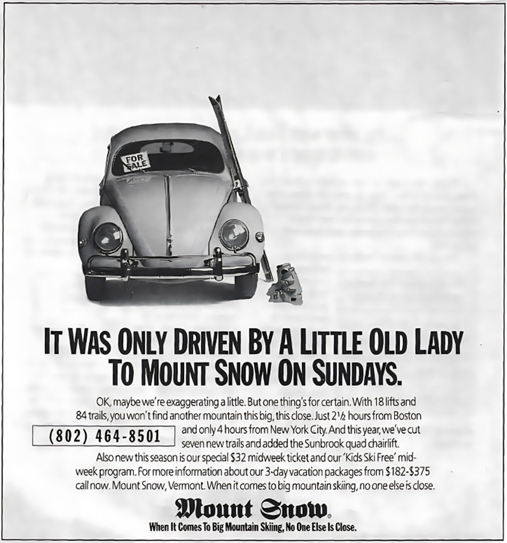 Vintage VW Beetle ad with skis promoting Mount Snow ski resort