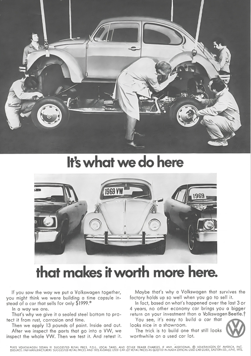 VW ad showing workers assembling a Beetle and highlighting build quality