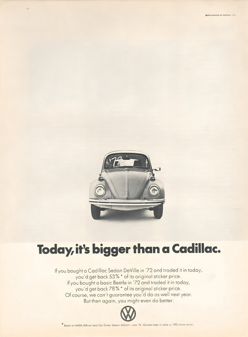 VW Beetle ad comparing 1972 Beetle resale value to Cadillac Sedan DeVille