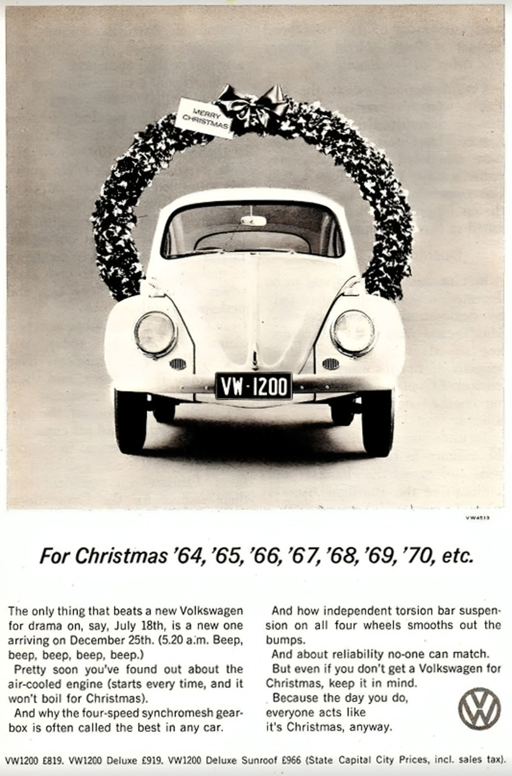 VW Beetle with Christmas wreath promoting reliability and holiday appeal
