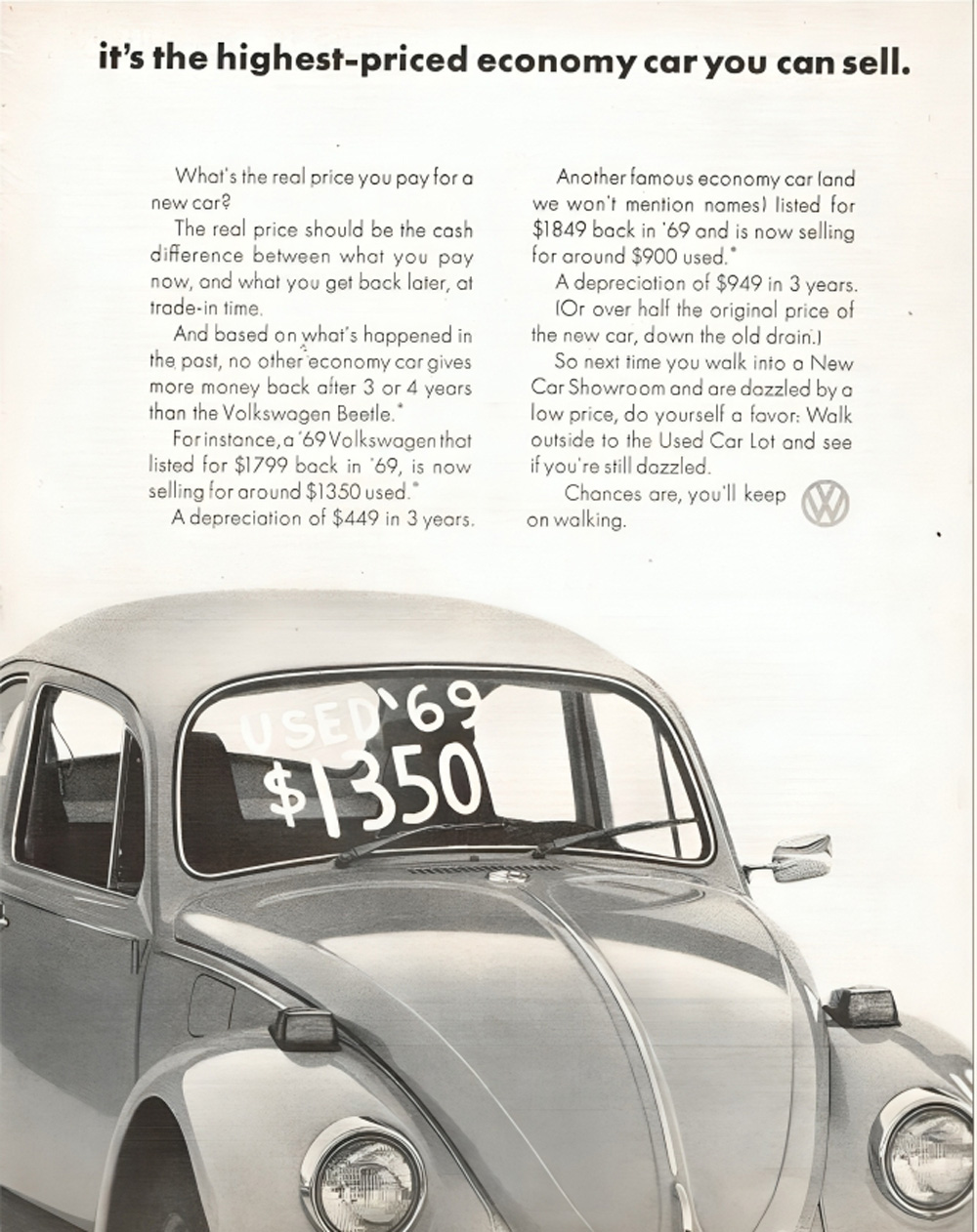 VW Beetle ad showing strong resale value with USED 69 price on windshield