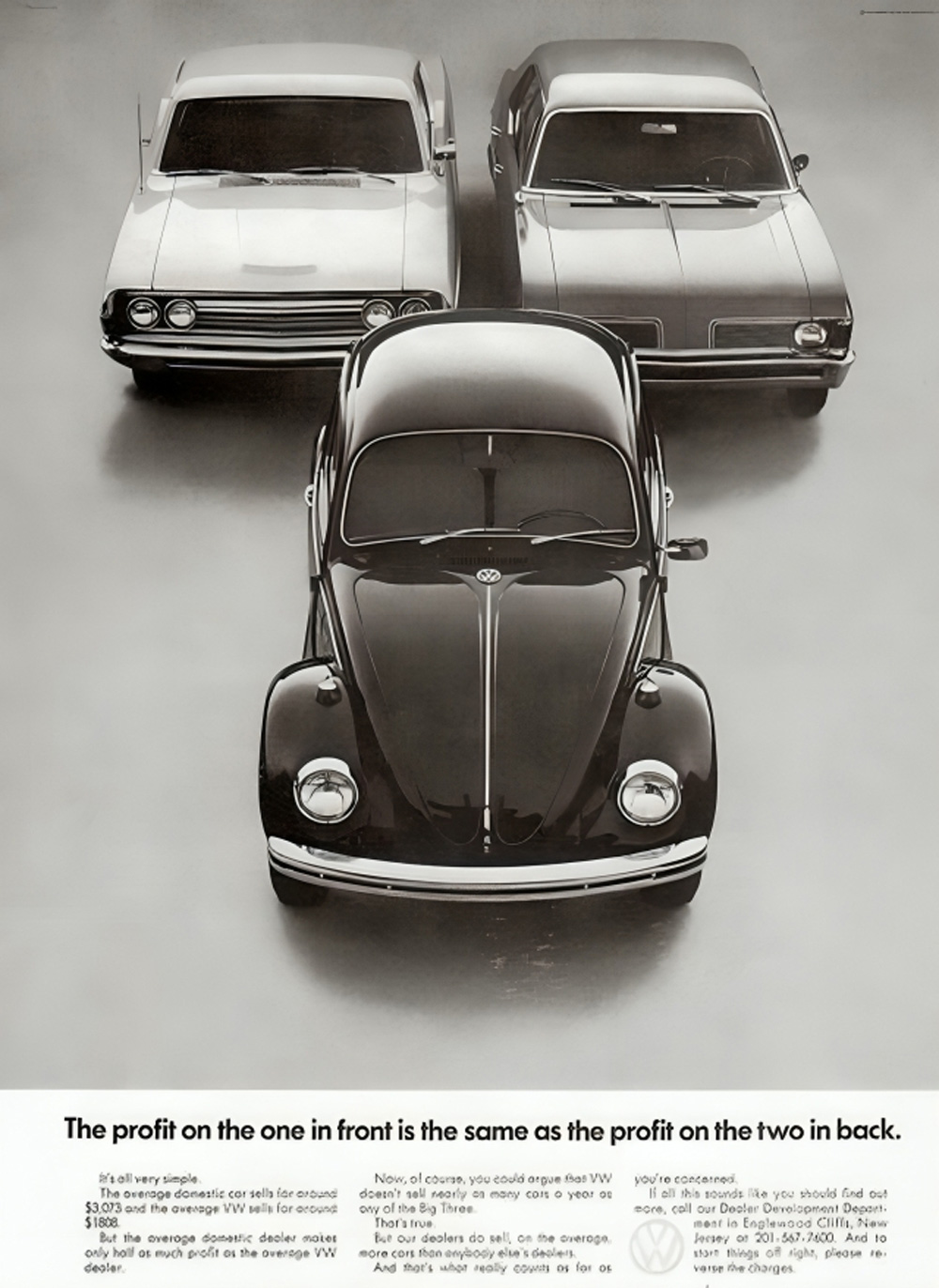 VW Beetle shown ahead of two sedans in ad about dealer profitability