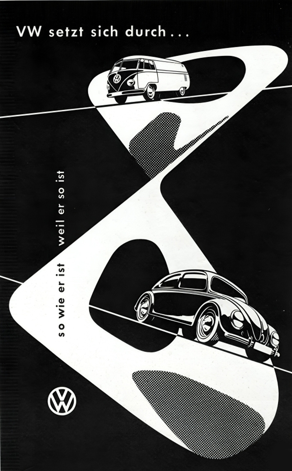 Stylized black and white VW Bus and Beetle graphic with German slogan