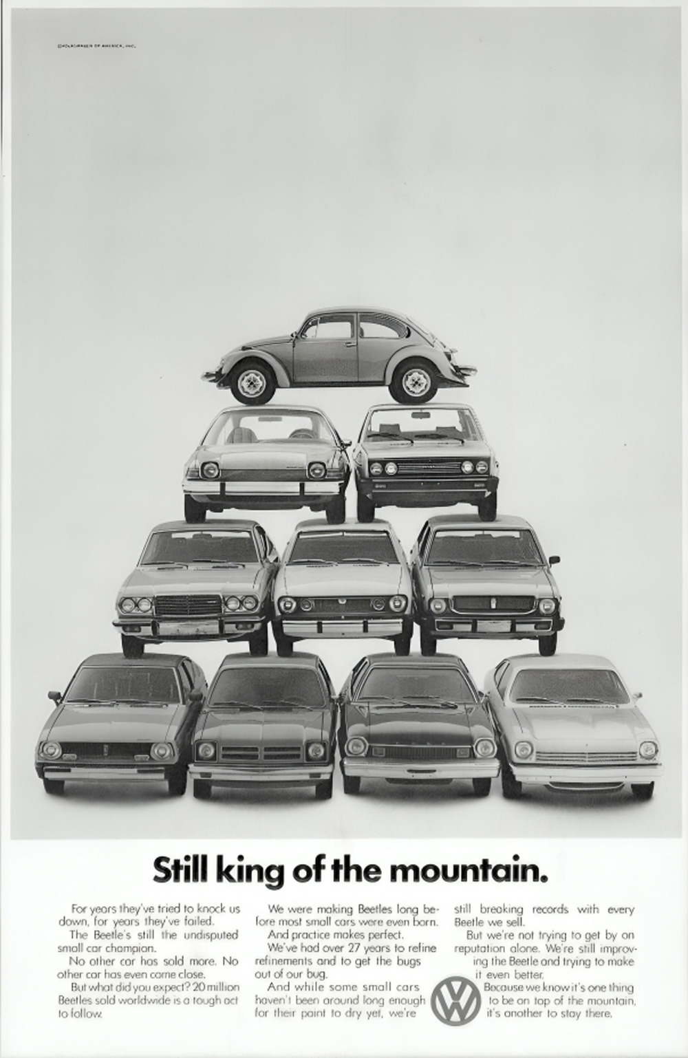 VW Beetle atop pyramid of small cars promoting Beetle as market leader