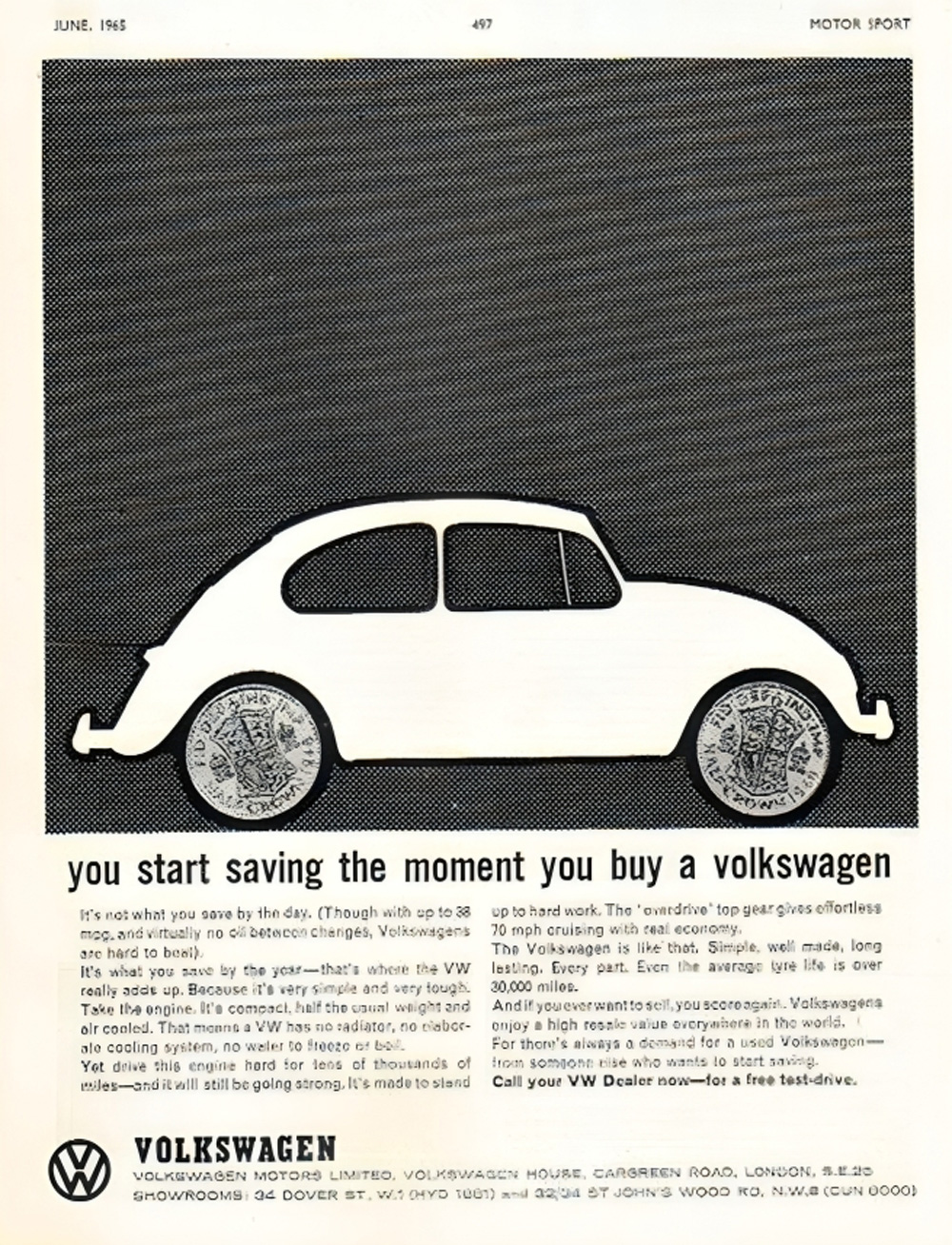 VW Beetle silhouette with coin wheels promoting efficiency and savings