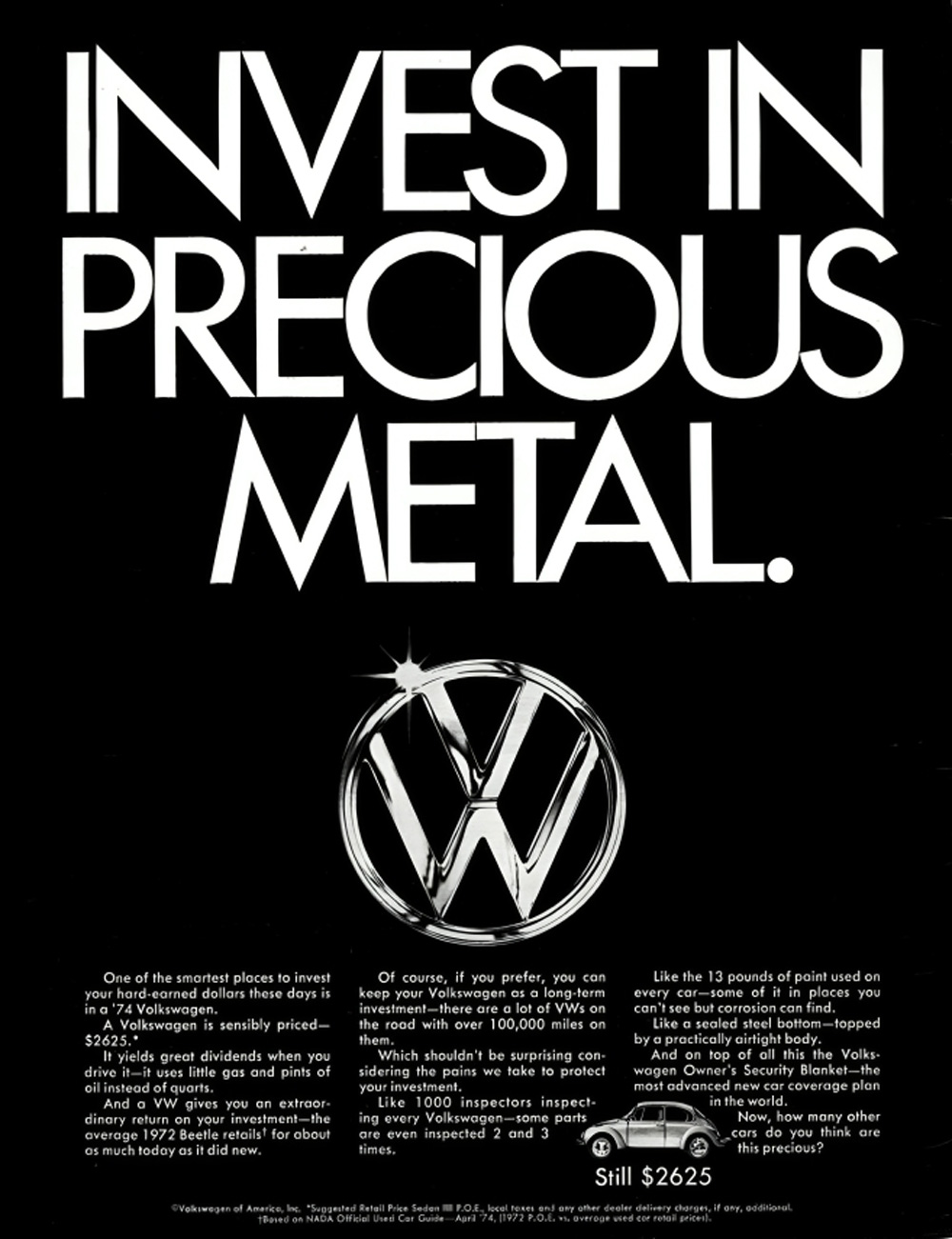 VW ad with chrome logo promoting Beetle as a durable long term investment