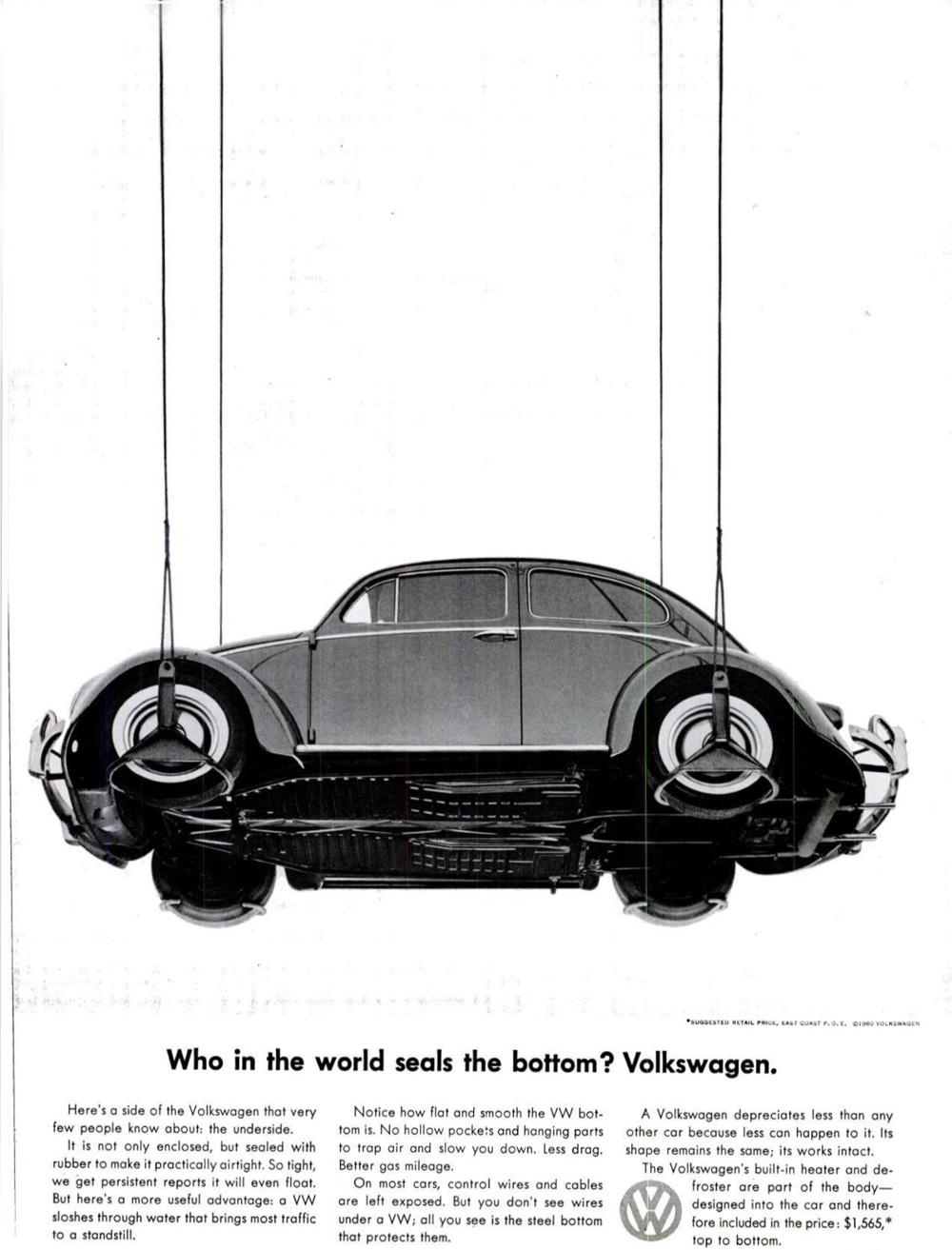  VW Beetle underside ad showing sealed bottom design for protection and efficiency