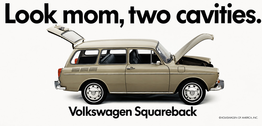 VW Squareback ad showing front and rear storage with playful two cavities headline