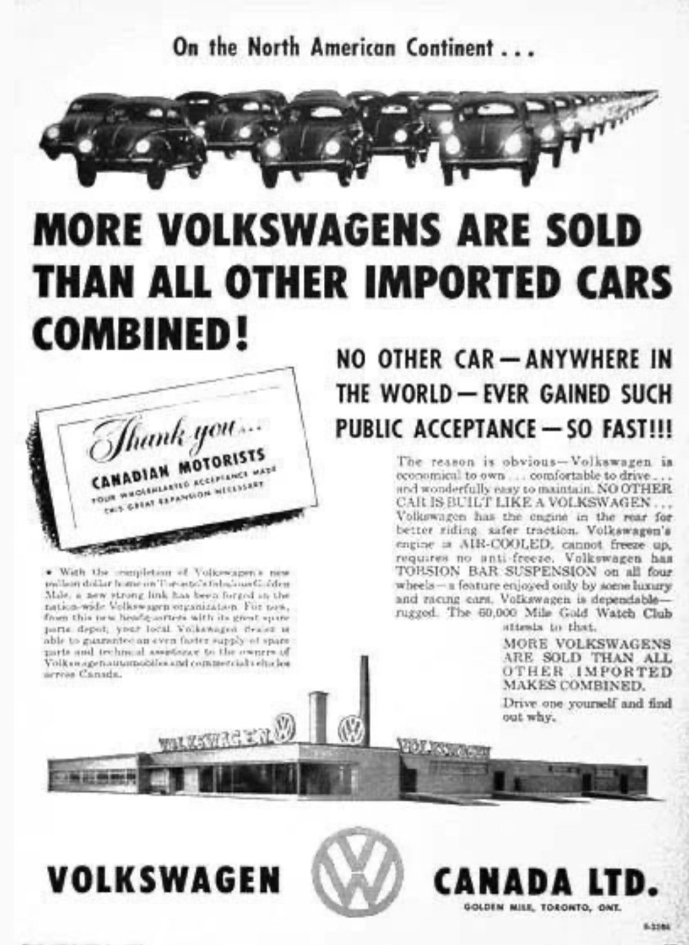 VW Canada ad highlighting sales success and engineering features across North America