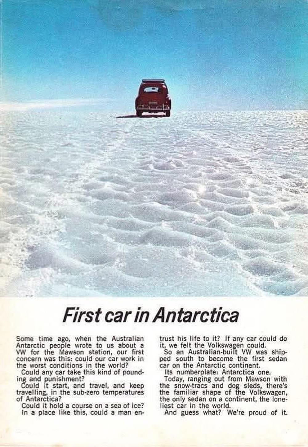 VW ad featuring the first sedan in Antarctica driving across icy terrain
