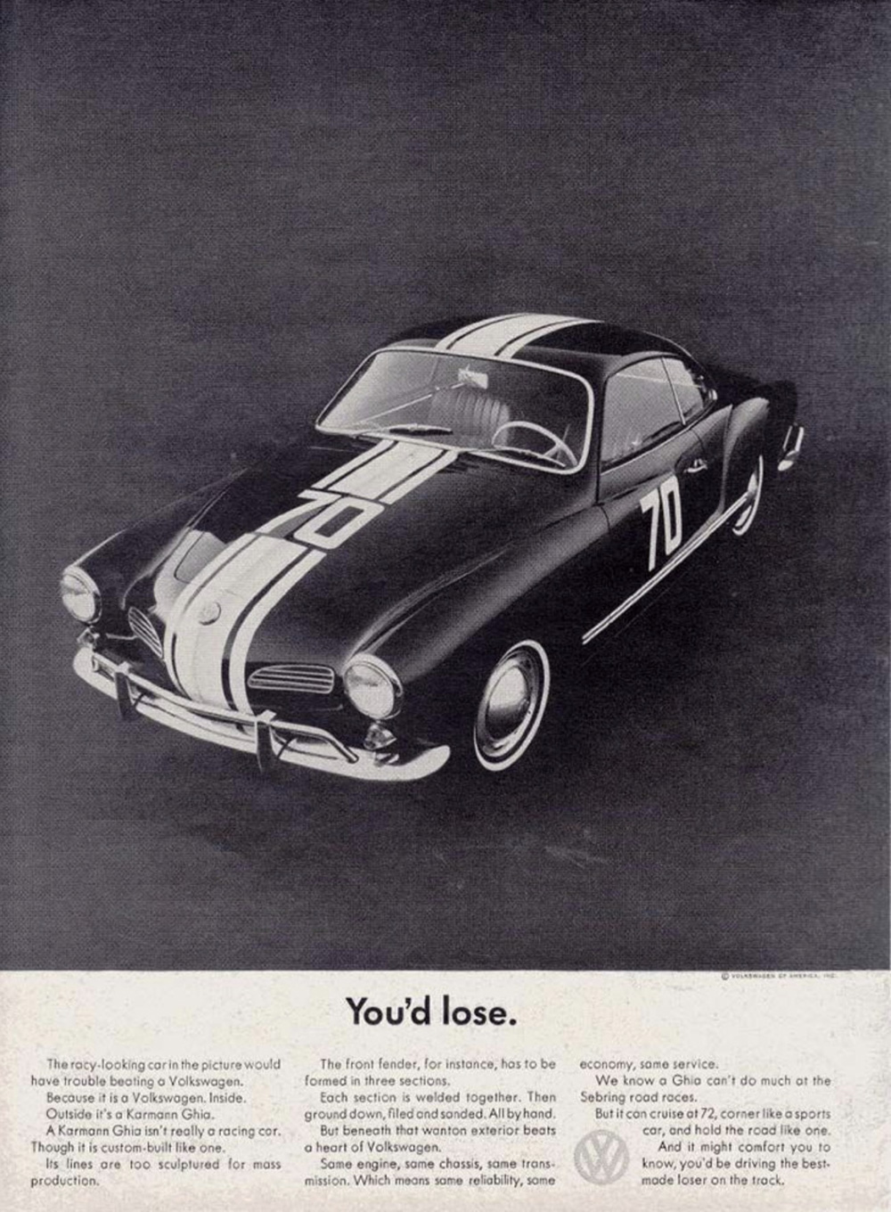 VW ad showing racing-styled Karmann Ghia with copy about its Volkswagen engineering