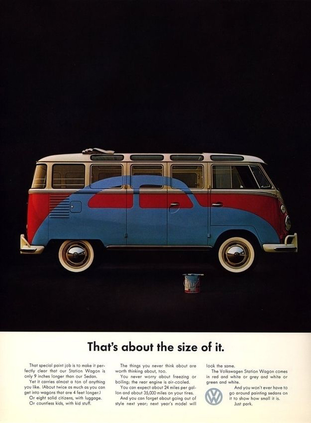 VW Station Wagon ad comparing its compact length to a sedan with painted outline