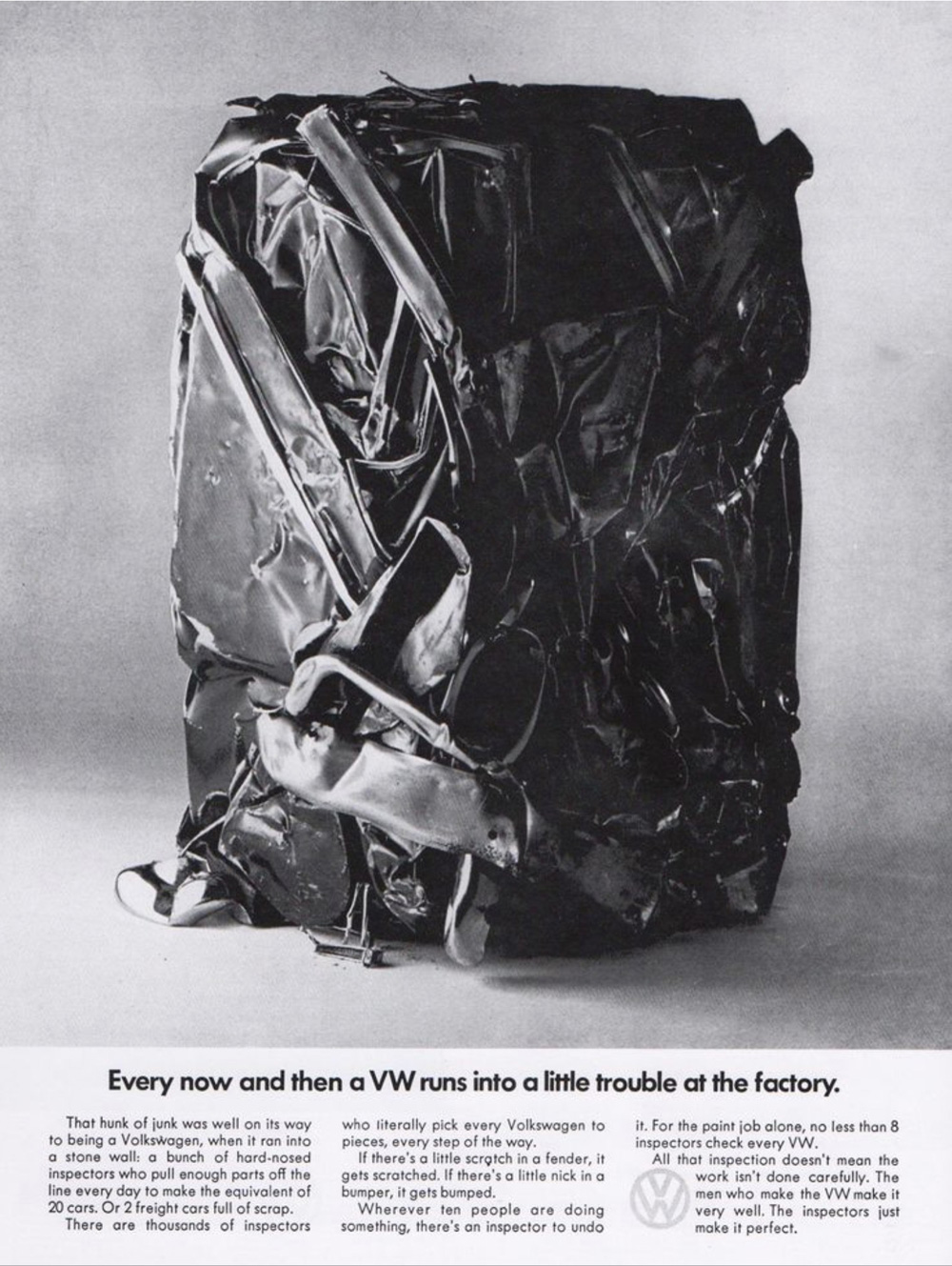 VW quality control ad featuring crushed scrap metal to highlight strict factory inspection