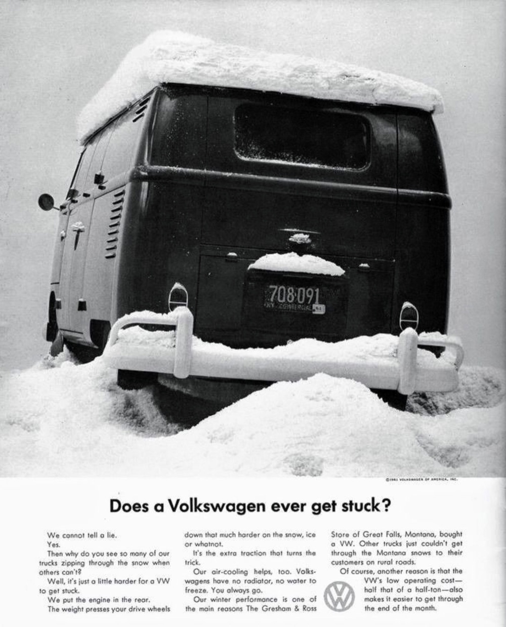Vintage VW truck ad showing rear-engine traction advantages in deep winter conditions