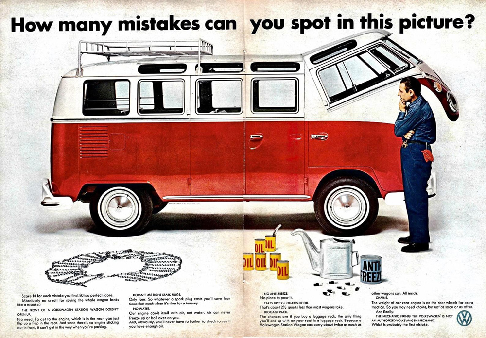 How many mistakes can you spot in this picture? - Vintage VW ad